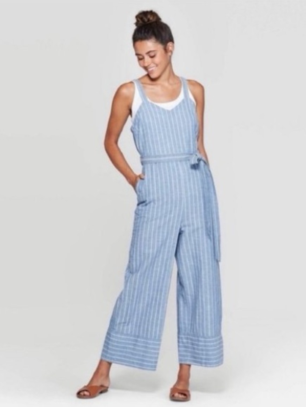 Universal Thread Light Blue & White Striped Wide-Leg Jumpsuit with Belt